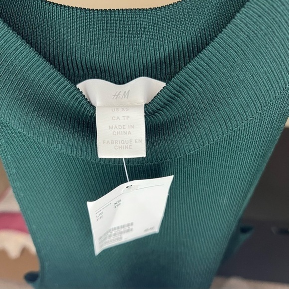 H&M Dark Green Fitted Dress High Neck Midi Party Cocktail Ribbed - Picture 7 of 8